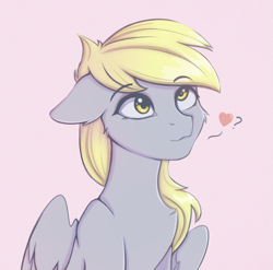 Size: 1059x1047 | Tagged: safe, artist:tanatos, derpy hooves, pegasus, pony, g4, bust, cheek fluff, cute, ears back, eyebrows, eyebrows visible through hair, female, floating heart, heart, mare, pink background, simple background, sketch, solo