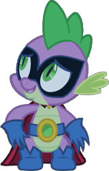 Size: 369x577 | Tagged: safe, edit, edited screencap, editor:pascalmulokozi2, screencap, spike, dragon, g4, power ponies (episode), background removed, boots, cape, clothes, humdrum costume, male, mask, open mouth, power ponies, shoes, simple background, solo, transparent background