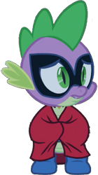Size: 323x577 | Tagged: safe, edit, edited screencap, editor:pascalmulokozi2, screencap, spike, dragon, g4, power ponies (episode), background removed, boots, cape, clothes, humdrum costume, male, mask, open mouth, power ponies, scared, shoes, simple background, solo, transparent background