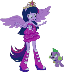 Size: 784x875 | Tagged: safe, artist:pascalmulokozi2, edit, edited screencap, screencap, spike, dog, human, equestria girls, g4, my little pony equestria girls, background removed, bare shoulders, big crown thingy, duo, element of magic, fall formal outfits, jewelry, ponied up, regalia, simple background, sleeveless, spike the dog, strapless, transparent background
