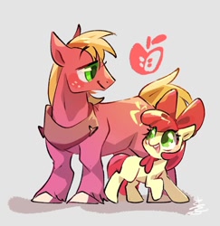 Size: 640x658 | Tagged: safe, artist:sibashen, apple bloom, big macintosh, earth pony, pony, g4, adorabloom, apple bloom's bow, apple siblings, bow, brother and sister, cute, female, filly, foal, hair bow, happy, looking at each other, looking at someone, male, open mouth, open smile, siblings, sisters, smiling, stallion, unshorn fetlocks, wrong eye color