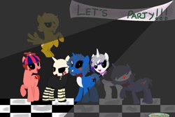 Size: 1024x683 | Tagged: safe, earth pony, pegasus, pony, unicorn, balloon boy, bandage, banner, beanie hat, bonnie (fnaf), checkered floor, chica, crossover, female, five nights at freddy's, five nights at freddy's 2, food, hat, male, mangle, mare, marionette, party, pizza, ponified, puppet, raised hoof, spotlight, stallion, toy bonnie, toy chica, withered, withered bonnie