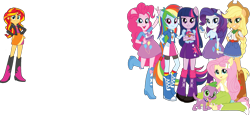 Size: 2463x1136 | Tagged: safe, artist:pascalmulokozi2, applejack, fluttershy, pinkie pie, rainbow dash, rarity, spike, sunset shimmer, twilight sparkle, dog, human, equestria girls, g4, my little pony equestria girls, background removed, boots, clothes, evil, evil grin, female, grin, hand on hip, high heel boots, humane five, humane six, jacket, legs, shirt, shoes, simple background, skirt, sleeveless, sleeveless shirt, smiling, spike the dog, stock vector, tank top, transparent background, twilight sparkle (alicorn)