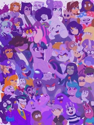 Size: 1500x2000 | Tagged: safe, artist:_spacefatcat_, izzy moonbow, twilight sparkle, alicorn, cat, dinosaur, ditto, gengar, human, humanoid, unicorn, g4, g5, spoiler:the owl house, abomination track, adventure time, alice in wonderland, amity blight, among us, anime, austin (the backyardigans), batman the animated series, blackfire, blaze the cat, bonnie (fnaf), cala maria, chowder, clothes, color collage, cookie run, count von count, crossover, crossovers, cuphead, daphne blake, dc comics, deltarune, dino, disney, drawn together, dyed hair, encanto, fear (inside out), five nights at freddy's, food, frown, gravity falls, grimace (mcdonald's), hanna barbera, happy tree friends, hollow knight, inside out, isabela madrigal, jelly jamm, king dice, kirby (series), lego, looking at you, male, marx, mcdonald's, mime, mime (happy tree friends), pacifica northwest, pie, pim pimling, pixar, pokémon, princess clara, princess sofia, purple, purple guy, purple mane, purple skin, raven (dc comics), sailor moon (series), school uniform, scooby-doo!, scott cawthon, sesame street, smiling, smiling friends, snorkasaurus, sofia the first, sonic the hedgehog (series), south park, spoilers for another series, sr pelo, super mario bros., susie (deltarune), teen titans, teletubbies, the backyardigans, the flintstones, the joker, the muppets, the owl house, the simpsons, tinky winky, token black, toriel, twilight sparkle (alicorn), unamused, undertale, wall of tags, walt disney, walt disney world, waluigi, warner brothers