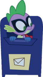 Size: 408x718 | Tagged: safe, edit, edited screencap, editor:pascalmulokozi2, screencap, spike, dragon, g4, power ponies (episode), background removed, cape, clothes, humdrum costume, mailbox, male, mask, power ponies, simple background, solo, transparent background