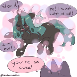 Size: 3000x3000 | Tagged: safe, artist:monstrum, queen chrysalis, changeling, changeling queen, pony, unicorn, g4, ><, angry, blushing, comic, cute, cutealis, evil, eyes closed, female, glowing, glowing horn, high res, horn, i'm not cute, joke, levitation, madorable, magic, open mouth, put me down, tail, telekinesis, wings