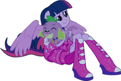 Size: 677x452 | Tagged: safe, artist:pascalmulokozi2, edit, edited screencap, screencap, spike, twilight sparkle, human, equestria girls, g4, my little pony equestria girls, background removed, duo, fall formal outfits, hug, ponied up, simple background, transparent background, twilight sparkle (alicorn)