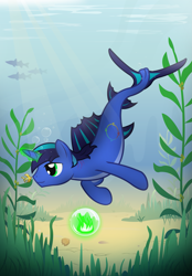 Size: 2041x2939 | Tagged: safe, artist:icaron, oc, oc only, hybrid, merpony, pony, unicorn, bubble, dorsal fin, fins, fish tail, flowing tail, glowing, glowing horn, high res, horn, male, ocean, seaponified, seaweed, solo, species swap, stallion, sunlight, swimming, tail, underwater, water