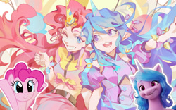 Size: 1146x717 | Tagged: safe, artist:animesoul, part of a set, izzy moonbow, pinkie pie, earth pony, human, pony, unicorn, g4, g5, balloon, clothes, duo, hat, holding hands, horn, horned humanization, humanized, izzy and her heroine, looking at each other, looking at someone, party hat