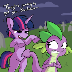 Size: 4500x4500 | Tagged: safe, artist:tjpones, spike, twilight sparkle, dragon, pony, unicorn, g4, absurd resolution, barb, barbara blair, bipedal, dialogue, dragoness, duo, dusk shine, female, graveyard, johnny blair, male, movie reference, namesake, nervous, night of the living dead, parody, pun, rule 63, scared, stallion, this will end in death, unicorn twilight, visual pun