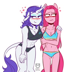 Size: 978x1022 | Tagged: safe, artist:redxbacon, pinkie pie, rarity, earth pony, unicorn, anthro, abs, adonis belt, alternate hairstyle, bedroom eyes, belly button, bikini, blushing, breasts, clothes, duo, eyeshadow, female, leonine tail, lesbian, makeup, pinkamena diane pie, raripie, shipping, simple background, skinny, swimsuit, tail, white background