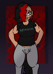 Size: 716x1000 | Tagged: safe, artist:lazerblues, oc, oc:bella, satyr, bottomless, clothes, morbius, offspring, parent:oc:miss eri, partial nudity, shirt, solo