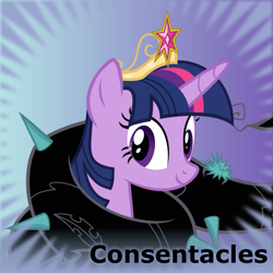 Size: 787x787 | Tagged: safe, artist:saby, derpibooru exclusive, twilight sparkle, pony, derpibooru, g4, princess twilight sparkle (episode), .svg available, big crown thingy, bust, consentacles, element of magic, female, jewelry, looking at you, meta, portrait, regalia, restrained, smiling, smiling at you, solo, spoilered image joke, svg, tentacles, thorn, twilight sparkle (alicorn), vector