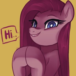 Size: 1310x1309 | Tagged: safe, artist:maren, pinkie pie, earth pony, pony, g4, doodle, eyebrows, female, grin, hi, hooves together, lip bite, looking at you, mare, pinkamena diane pie, signature, simple background, smiling, smiling at you, solo, talking, talking to viewer, yellow background