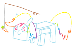 Size: 1200x900 | Tagged: safe, artist:purblehoers, rainbow dash, pegasus, pony, g4, carrot, carrot on a stick, female, fishing rod, food, herbivore, mare, minecraft, ms paint, simple background, solo, white background