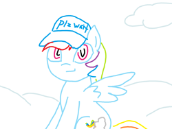 Size: 1200x900 | Tagged: safe, artist:purblehoers, rainbow dash, pegasus, pony, g4, cloud, female, hat, looking at you, mare, ms paint, on a cloud, simple background, sitting, sitting on a cloud, smiling, solo, spread wings, white background, wings