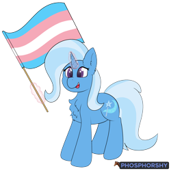 Size: 3000x3000 | Tagged: safe, artist:phosphorshy, trixie, pony, unicorn, g4, chest fluff, ear fluff, female, flag, high res, magic, mare, open mouth, open smile, pride, pride flag, signature, simple background, smiling, solo, trans trixie, transgender, transgender pride flag, transparent background