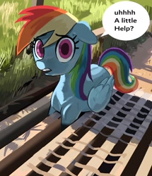 Size: 1931x2245 | Tagged: safe, artist:_ton618_, rainbow dash, pegasus, pony, g4, adorable distress, cute, dashabetes, dialogue, female, floppy ears, folded wings, looking at you, mare, no catchlights, open mouth, ponified animal photo, solo, speech bubble, stuck, sweat, sweatdrop, talking, talking to viewer, teeth, wings