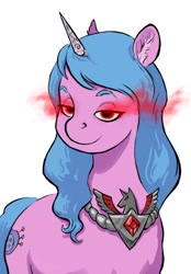 Size: 608x873 | Tagged: safe, artist:adeptus-monitus, izzy moonbow, pony, unicorn, g5, alicorn amulet, eye mist, eyebrows, female, lidded eyes, mare, oh no, simple background, smiling, smirk, solo, this will not end well, white background, xk-class end-of-the-world scenario