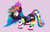 Size: 588x379 | Tagged: safe, artist:nopieforyouok, oc, oc only, oc:princess dj neon flutter starsparkle spectrum dash, alicorn, pony, bow, canon x oc, clothes, crown, female, hair bow, heart, heartbreak, horn, jewelry, joke oc, mare, multicolored hair, parent:princess luna, rainbow hair, raised hoof, regalia, shoes, smiling, wings