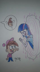 Size: 670x1192 | Tagged: safe, artist:xxyazzychanartsxx, twilight sparkle, human, equestria girls, g4, clothes, crossover, hat, jimmy neutron, jimmy timmy power hour, looking at each other, looking at someone, now you're thinking with portals, pants, pencil drawing, portal, question mark, shirt, signature, smiling, sparkles, tara strong, the adventures of jimmy neutron: boy genius, the fairly oddparents, timmy turner, traditional art, voice actor joke, waving