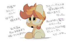 Size: 2670x1608 | Tagged: safe, artist:mochi_nation, oc, oc only, oc:flame egg, earth pony, pony, coat markings, dialogue, eye clipping through hair, female, japanese, mare, simple background, solo, white background