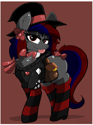 Size: 639x859 | Tagged: safe, artist:malachimoet, oc, oc only, earth pony, pony, bowtie, chest fluff, clothes, earth pony oc, fancy, flower, flower in hair, looking at you, rule 63, socks, solo, striped socks, tongue out