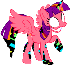 Size: 603x527 | Tagged: safe, artist:205tob, twilight sparkle, alicorn, pony, g4, animated, b-side, corrupted, creepypasta, dusk till dawn, error, female, friday night funkin', gif, glitch, horn, hue, mare, pibby, raised hoof, recolor, simple background, smiling, solo, spread wings, transparent background, twilight sparkle (alicorn)