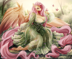 Size: 1105x900 | Tagged: safe, artist:bunnywhiskerz, fluttershy, butterfly, pegasus, anthro, unguligrade anthro, g4, big breasts, breasts, busty fluttershy, cleavage, clothes, dress, ear fluff, female, hoof fluff, huge breasts, one eye closed, smiling, solo, spread wings, spring, wing fluff, wings, wink