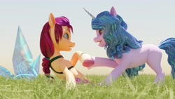 Size: 3840x2160 | Tagged: safe, artist:littleiceage, izzy moonbow, sunny starscout, earth pony, pony, unicorn, g5, my little pony: a maretime bay adventure, 3d, blender, day, female, grass, izzyscout, lesbian, mare, shipping, smiling