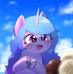 Size: 3000x3063 | Tagged: safe, alternate version, artist:leo19969525, izzy moonbow, pony, unicorn, g5, blushing, bracelet, cloud, cute, female, food, hair, high res, horn, ice cream, izzybetes, jewelry, mare, open mouth, solo