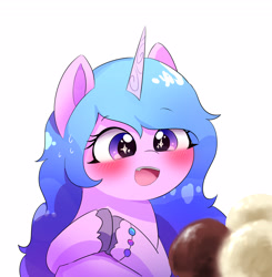 Size: 3000x3063 | Tagged: safe, alternate version, artist:leo19969525, izzy moonbow, pony, unicorn, g5, blushing, cute, female, food, high res, horn, ice cream, izzybetes, mare, open mouth, simple background, solo, white background