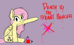 Size: 2701x1638 | Tagged: safe, artist:pinkberry, fluttershy, pegasus, pony, g4, blushing, colored sketch, cute smile, death threat, graffiti, implied princess twilight, implied twilight sparkle, out of character, pointing, rebellion, sitting, sitting on floor, sketch, slur in description, smiling, solo, spray can, spray paint, subversive kawaii, threat
