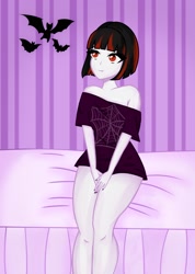 Size: 1566x2199 | Tagged: safe, artist:mimimari, oc, oc:raven moon, bat, human, vampire, equestria girls, g4, bed, clothes, cute, goth, looking up, red and black hair, red eyes, shirt, sitting on bed, spider web, t-shirt