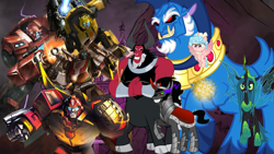 Size: 1280x720 | Tagged: safe, cozy glow, grogar, king sombra, lord tirek, queen chrysalis, alicorn, changeling, changeling queen, pony, taur, fanfic:my little pony x transformers: war for equestria, g4, bumblebee (transformers), emberstone, endgame, female, fight, hot rod, ironhide, photo, real grogar, story included, transformers, ultimate chrysalis, wheeljack