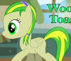 Size: 758x658 | Tagged: safe, artist:bronydanceparty, oc, oc only, oc:wooden toaster, pegasus, pony, female, filly, foal, smiling, text, wings, younger, youtube link