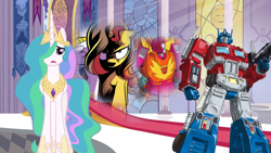 Size: 900x506 | Tagged: safe, artist:robertsonskywa1, idw, princess celestia, sunset shimmer, alicorn, pony, unicorn, fanfic:my little pony x transformers: war for equestria, g4, 1000 years in photoshop, castle of the royal pony sisters, hot rod, optimus prime, post-credits, rodimus, spoilers for another series, story included, transformers, worried