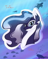 Size: 2876x3539 | Tagged: safe, artist:staceyld636, oc, oc only, fish, merpony, seapony (g4), turtle, blue eyes, bust, commission, crepuscular rays, female, flowing mane, high res, mare, ocean, portrait, signature, solo, sunlight, underwater, water