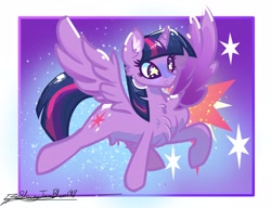 Size: 2833x2171 | Tagged: safe, artist:staceyld636, twilight sparkle, alicorn, pony, g4, chest fluff, cutie mark background, ear fluff, happy, high res, shading, smiling, solo, sparkles, spread wings, starry eyes, twilight sparkle (alicorn), wingding eyes, wings
