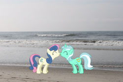 Size: 3170x2113 | Tagged: safe, artist:mlplover94, artist:mysteriouskaos, bon bon, lyra heartstrings, sweetie drops, earth pony, pony, unicorn, g4, atlantic city, beach, boop, duo, eyes closed, female, high res, irl, lesbian, mare, new jersey, noseboop, photo, ponies in real life, scrunchy face, ship:lyrabon, shipping, smiling