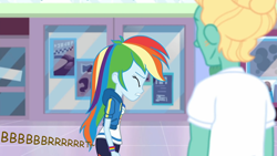 Size: 1008x568 | Tagged: safe, artist:thedarkpony, edit, edited screencap, screencap, rainbow dash, zephyr breeze, human, dashing through the mall, equestria girls, equestria girls series, g4, holidays unwrapped, spoiler:eqg series (season 2), accident, clothes, fart, fart edit, fart noise, female, fetish, implied messing, implied pooping, implied scat, implied sharting, messing, onomatopoeia, pants, pantypoop, sound effects