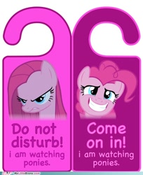 Size: 500x614 | Tagged: safe, pinkie pie, earth pony, pony, g4, angry, artifact, do not disturb, door knob hanger, female, frown, happy, my little brony, pinkamena diane pie, show accurate, smiling, text, watermark