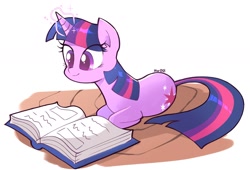 Size: 1992x1356 | Tagged: safe, artist:mar0x8, twilight sparkle, pony, unicorn, g4, book, female, lying, magic, mare, ponyloaf, prone, sitting, solo, unicorn twilight