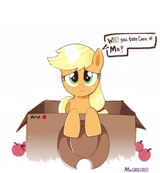 Size: 1771x1917 | Tagged: safe, artist:mar0x8, applejack, earth pony, pony, g4, apple, applejack's hat, box, bronybait, cowboy hat, cute, female, food, freckles, hat, jackabetes, looking at you, mare, pony in a box, simple background, solo, stetson, white background