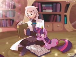 Size: 1423x1069 | Tagged: safe, alternate version, artist:mar0x8, twilight sparkle, oc, oc:matrix skyrath, human, pony, unicorn, g4, book, female, golden oaks library, male, mare, unicorn twilight