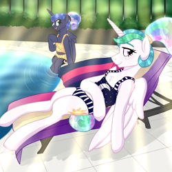 Size: 3000x3000 | Tagged: safe, artist:ponykittenboi, derpibooru exclusive, princess celestia, princess luna, alicorn, pony, the last problem, alternate hairstyle, bars, beach chair, beach towel, belly button, clothes, cute, fence, flowing mane, folded wings, lying down, matching outfits, on back, open mouth, plants, relaxing, retirement, short shirt, smiling, sparkly mane, summer, sunscreen, swimming pool, swimsuit, water, wings