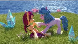 Size: 3840x2160 | Tagged: safe, artist:littleiceage, izzy moonbow, sunny starscout, earth pony, pony, unicorn, g5, 3d, 4k, blender, day, duo, duo female, female, grass, high res, izzyscout, lesbian, looking at each other, looking at someone, mare, open mouth, open smile, shipping, sitting, smiling, smiling at each other, water