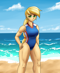 Size: 1400x1700 | Tagged: safe, artist:zachc, applejack, human, equestria girls, g4, applejacked, beach, clothes, eyebrows, eyebrows visible through hair, female, frown, hand on hip, muscles, one-piece swimsuit, solo, swimsuit