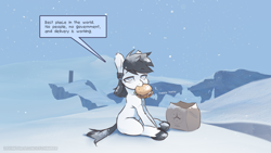 Size: 1920x1080 | Tagged: safe, artist:icychamber, oc, oc only, pony, 666, burger, cute, eating, food, hamburger, happy, monolith, mountain, snow, snowfall, solo
