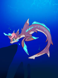 Size: 1024x1366 | Tagged: safe, artist:xcosmicghostx, oc, oc only, hybrid, merpony, original species, seapony (g4), shark, shark pony, blue eyes, bubble, crepuscular rays, dorsal fin, fins, gills, glowing, glowing horn, horn, magic, ocean, pink mane, solo, sunlight, swimming, underwater, water